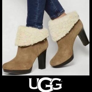 UGG Dandylion Suede Sheepskin Foldover Heeled Booties Chestnut Womens 8